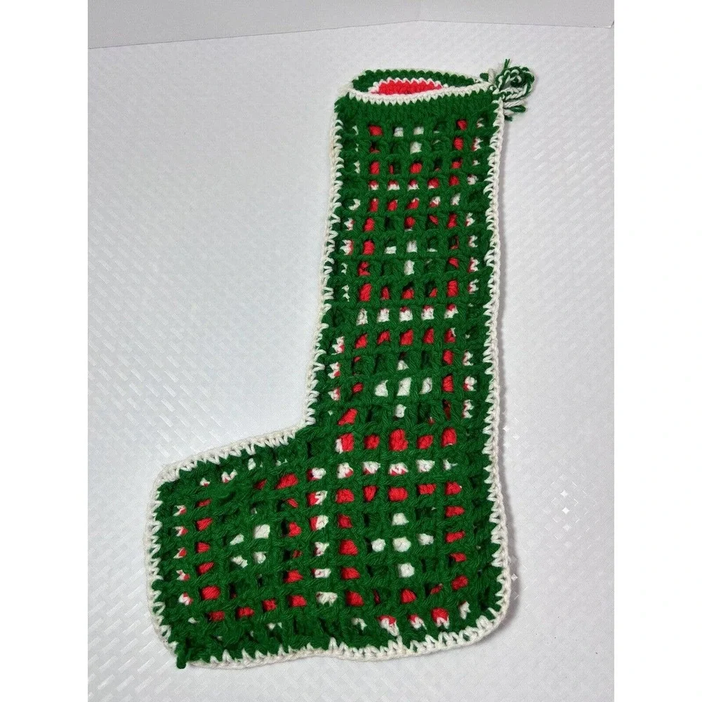 Granny Square Crochet‎ Christmas Stocking Red Green 18” Vtg Hand Made Crafted
